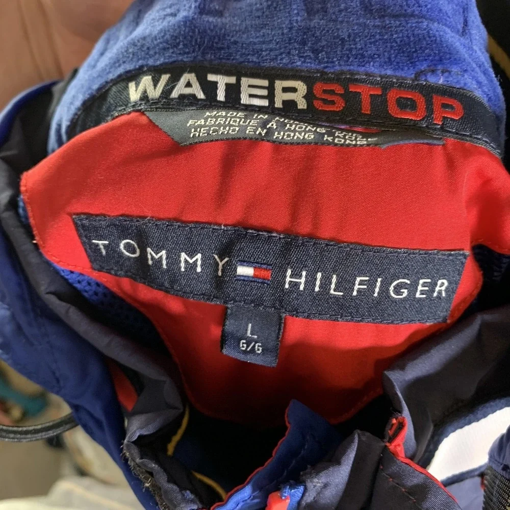 Vintage Tommy Hilfiger Jacket Mens Large Red Waterstop Ski Hooded 90s Colorblock